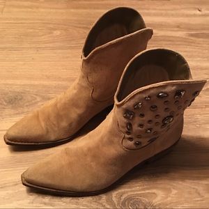 Tan suede jeweled cowboy boots by Guess